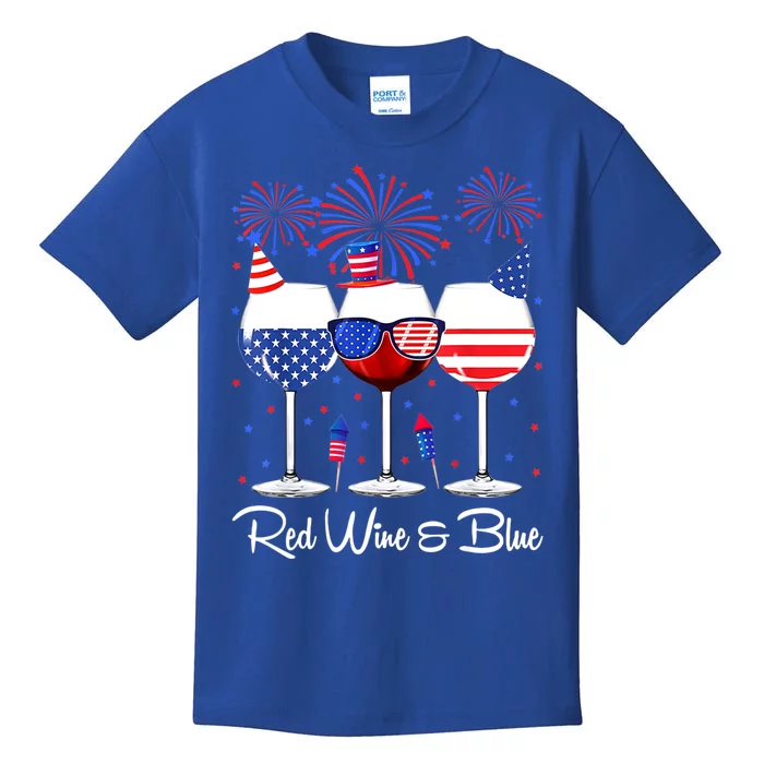 Red Wine & Blue 4th Of July Wine Red White Blue Wine Glasses Kids T-Shirt