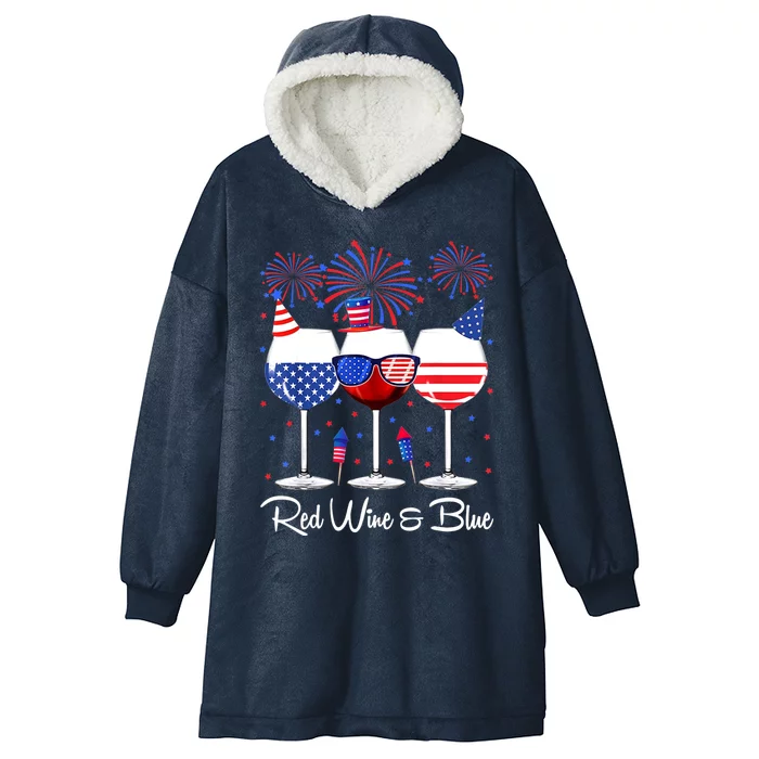 Red Wine & Blue 4th Of July Wine Red White Blue Wine Glasses Hooded Wearable Blanket