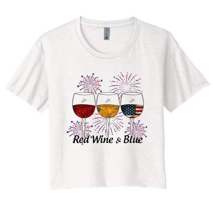 Red Wine & Blue 4th Of July Red White Blue Wine Glasses Women's Crop Top Tee