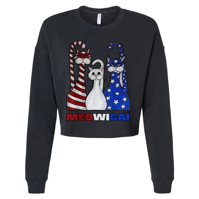 Red White Blue Cat USA Flag 4th Of July Patriotic Cat Lover Cropped Pullover Crew