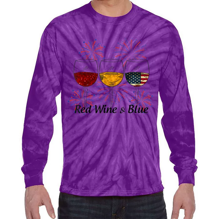 Red Wine & Blue 4th Of July Red White Blue Wine Glasses Tie-Dye Long Sleeve Shirt