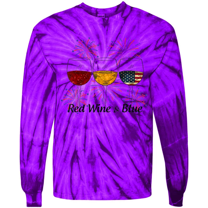 Red Wine & Blue 4th Of July Red White Blue Wine Glasses Tie-Dye Long Sleeve Shirt