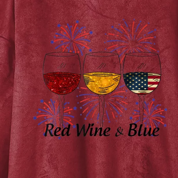 Red Wine & Blue 4th Of July Red White Blue Wine Glasses Hooded Wearable Blanket