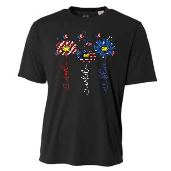 Red White Blue Daisy Butterfly USA Flag Funny 4th Of July Cooling Performance Crew T-Shirt