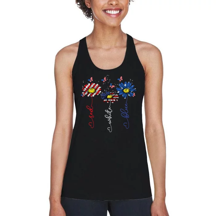 Red White Blue Daisy Butterfly USA Flag Funny 4th Of July Women's Racerback Tank