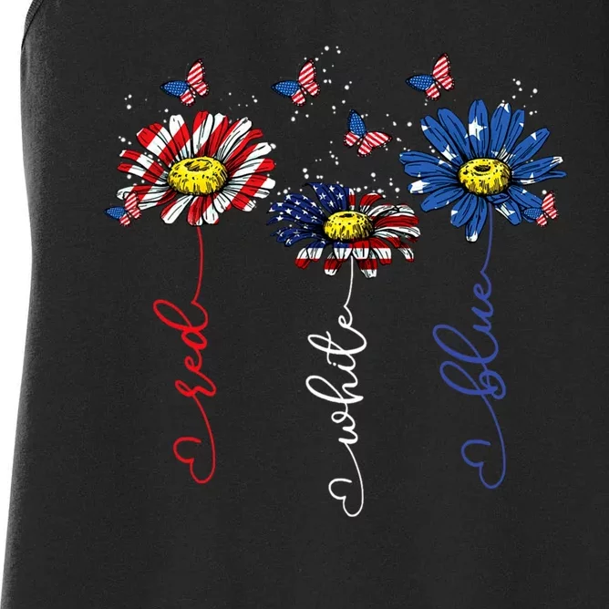 Red White Blue Daisy Butterfly USA Flag Funny 4th Of July Women's Racerback Tank