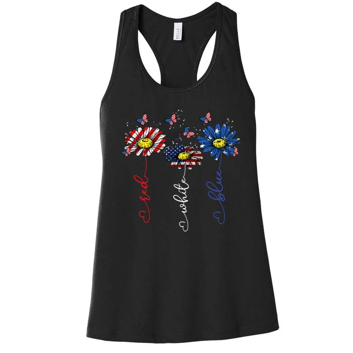 Red White Blue Daisy Butterfly USA Flag Funny 4th Of July Women's Racerback Tank