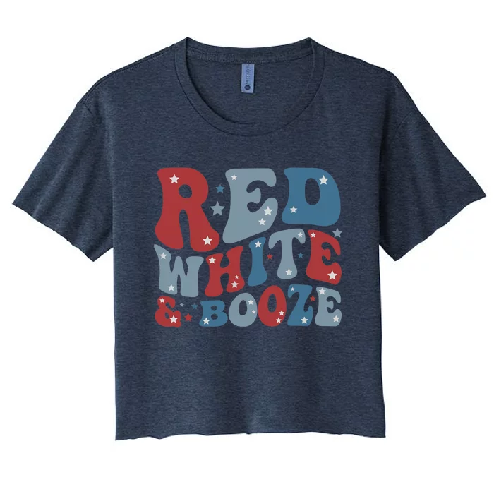 Red White & Booze Summer Funny Drinking 4th of July USA Flag Women's Crop Top Tee