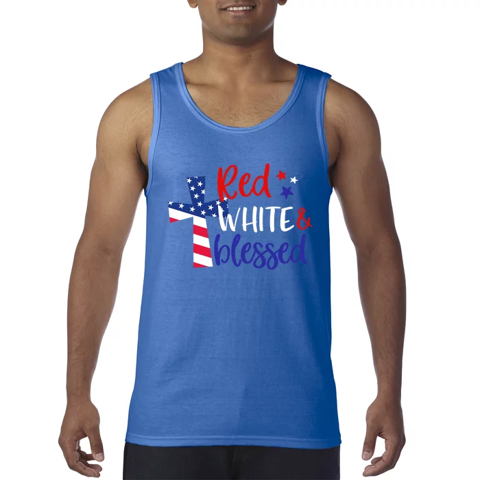 Red White Blessed American Jesus Cross Christian 4th Of July Cool Gift Tank Top