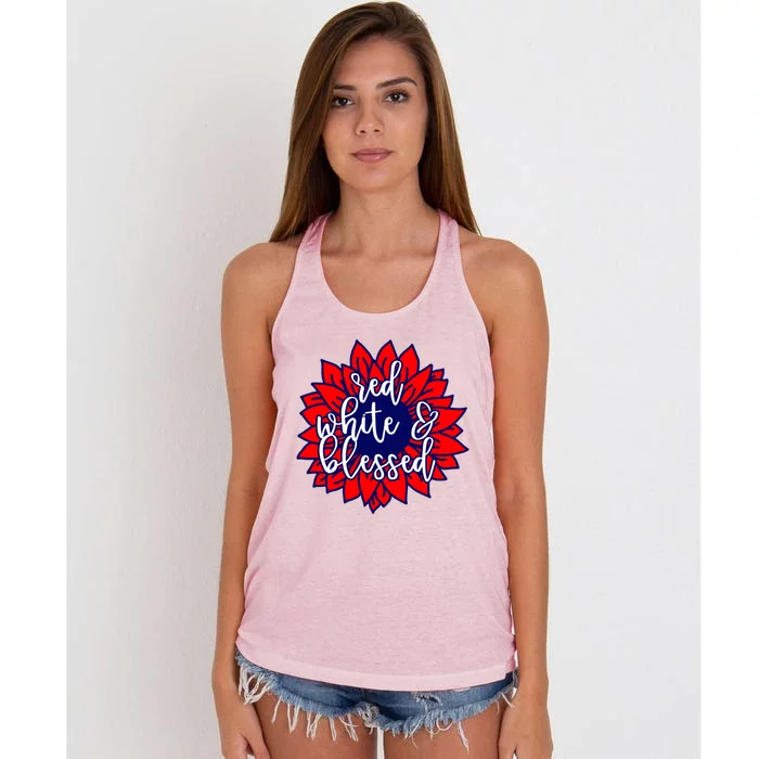 Red White Blessed Cute Patriotic Gift Flag Sunflower Gift Women's Knotted Racerback Tank