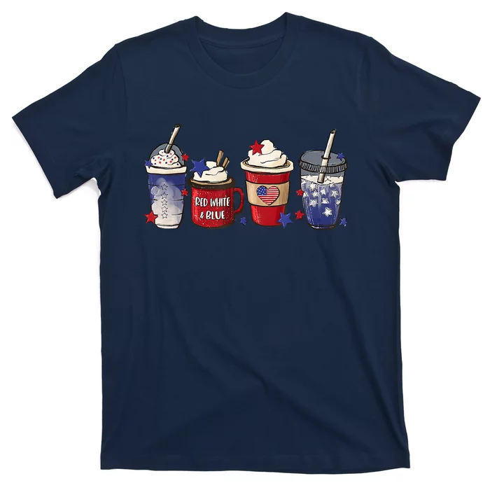 Red White Blue Latte Ice Coffee USA 4th Of July Patriotic T-Shirt