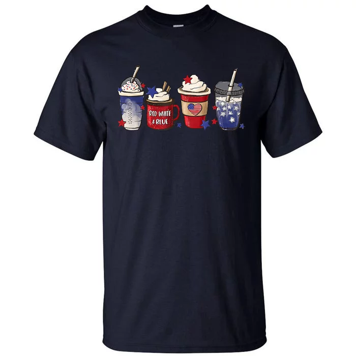 Red White Blue Latte Ice Coffee USA 4th Of July Patriotic Tall T-Shirt