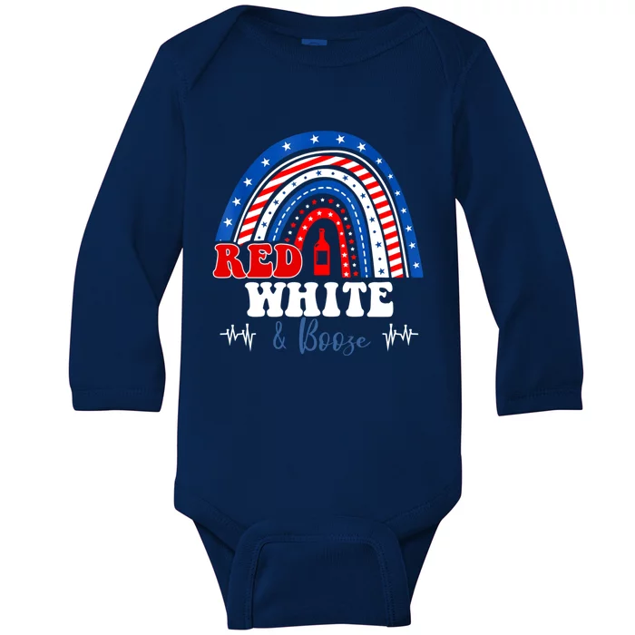 Red White Booze And Blessed Rainbow Usa Patriotic 4th Of July Gift Baby Long Sleeve Bodysuit