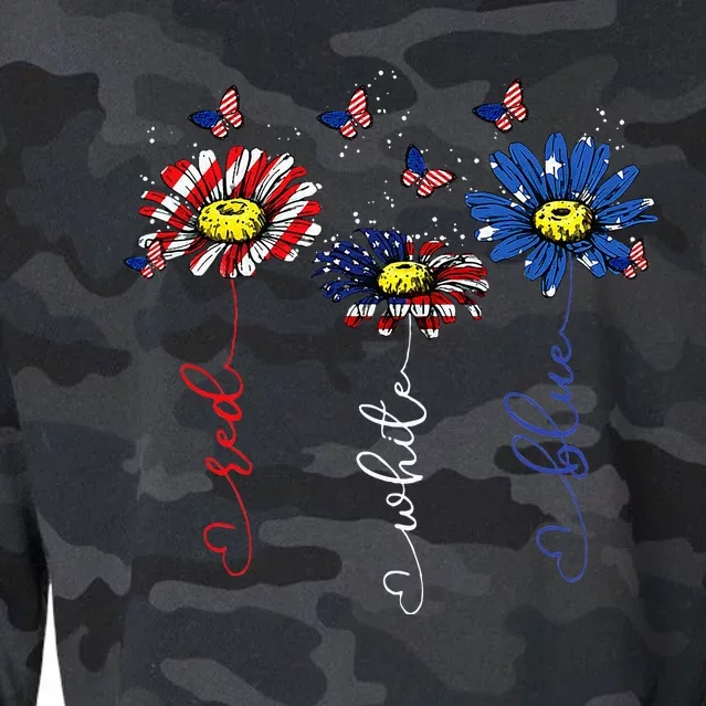 Red White Blue Daisy Butterfly USA Flag Funny 4th Of July Cropped Pullover Crew