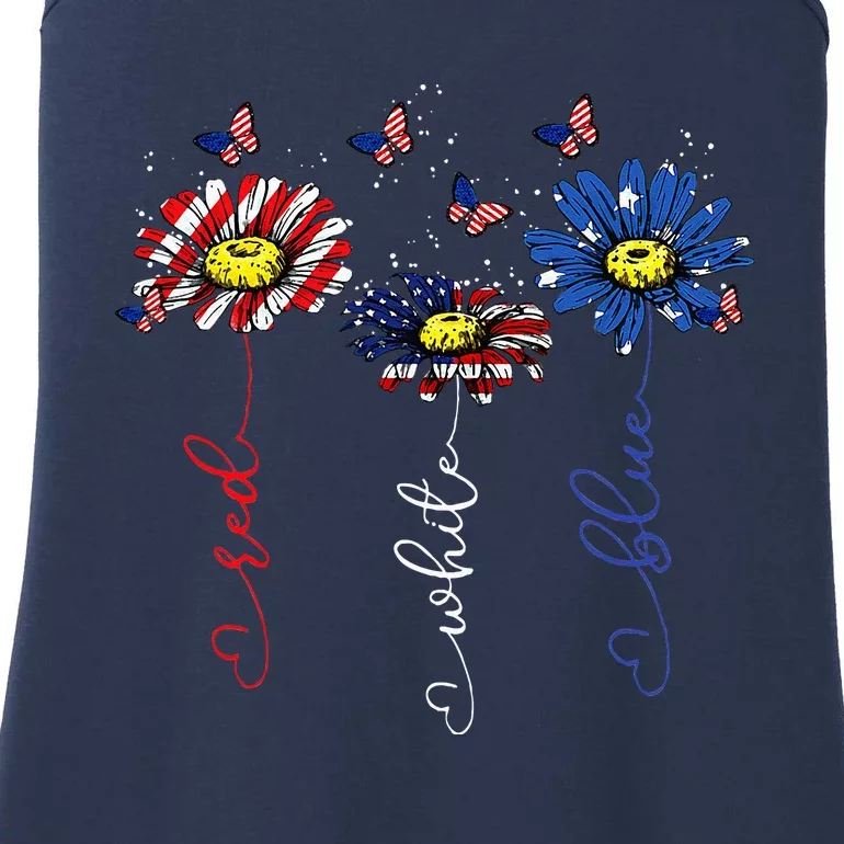 Red White Blue Daisy Butterfly USA Flag Funny 4th Of July Ladies Essential Tank