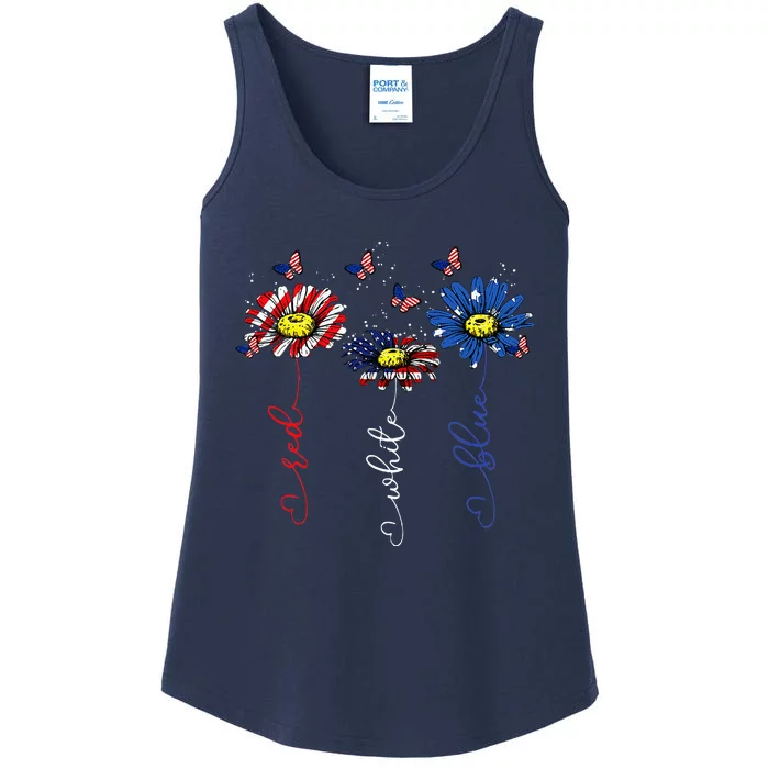 Red White Blue Daisy Butterfly USA Flag Funny 4th Of July Ladies Essential Tank