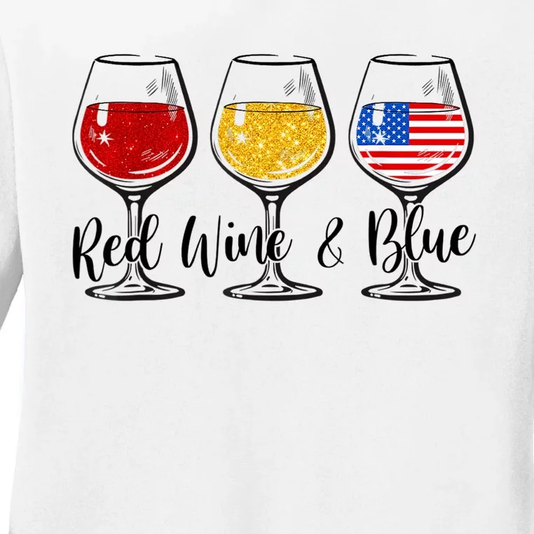 Red Wine & Blue 4th Of July Red White Blue Wine Glasses Ladies Long Sleeve Shirt