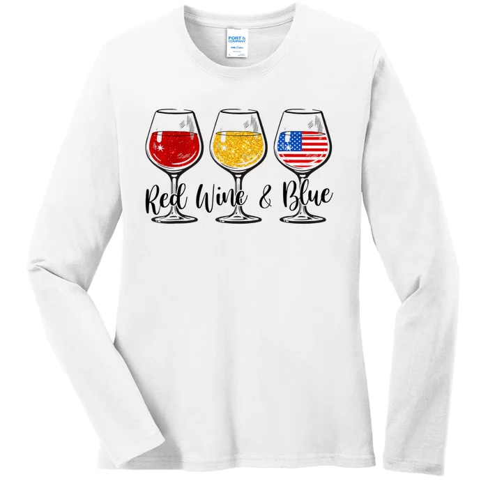 Red Wine & Blue 4th Of July Red White Blue Wine Glasses Ladies Long Sleeve Shirt