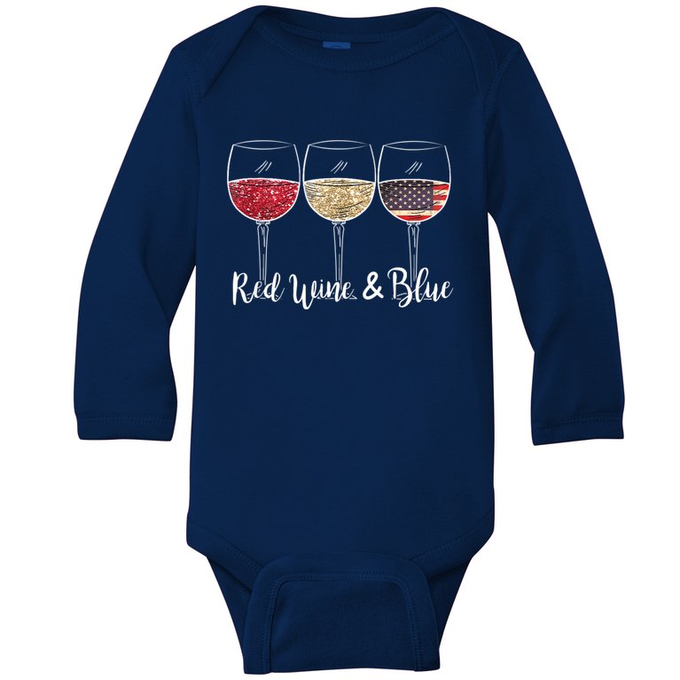Red Wine & Blue 4th Of July Wine Red White Blue Wine Glasses Baby Long Sleeve Bodysuit