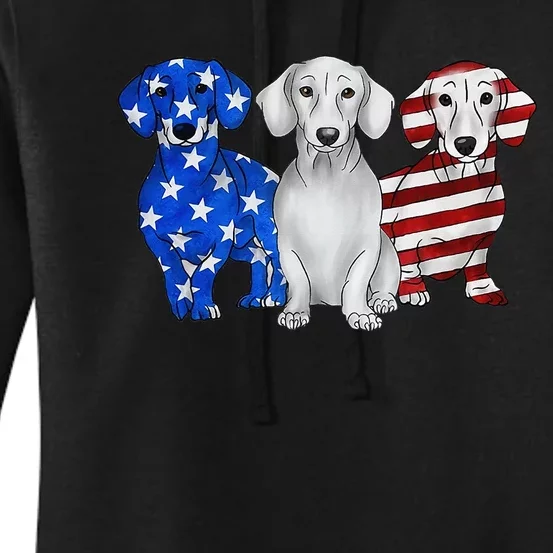 Red White Blue Dachshund American Flag 4th Of July Patriot Women's Pullover Hoodie