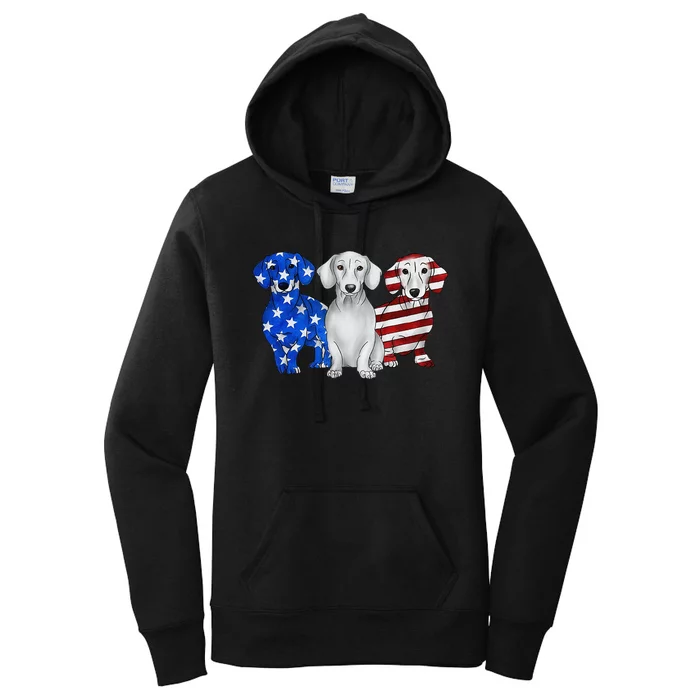 Red White Blue Dachshund American Flag 4th Of July Patriot Women's Pullover Hoodie