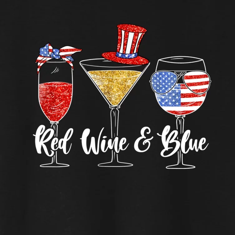 Red White Blue Wine Glasses American Flag Happy 4th Of July Women's Crop Top Tee