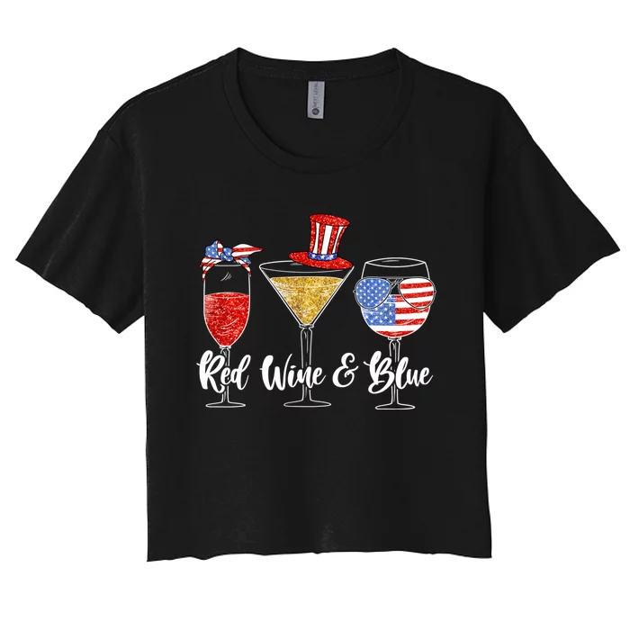 Red White Blue Wine Glasses American Flag Happy 4th Of July Women's Crop Top Tee