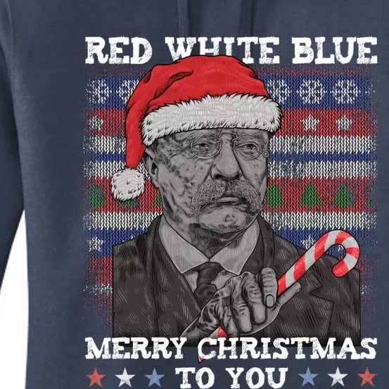 Red White Blue Christmas To You Roosevelt Ugly Xmas Funny Gift Women's Pullover Hoodie