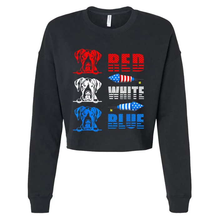 Red White Blue Three Cute Great Dane 4th July American Flag Cropped Pullover Crew