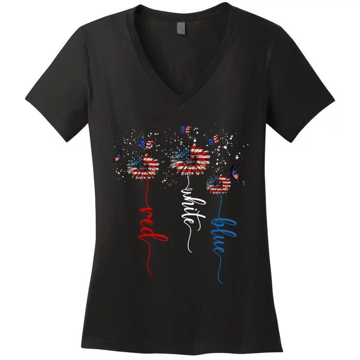 Red White Blue Sunflower Butterfly Patriotic 4th Of July Women's V-Neck T-Shirt