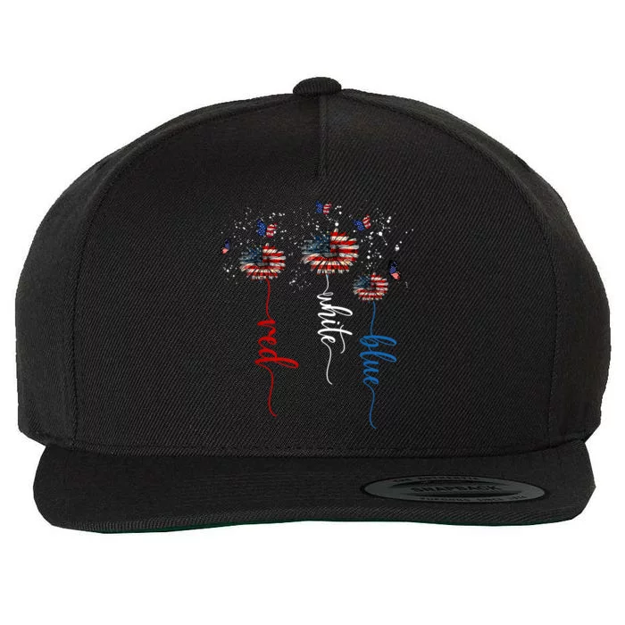 Red White Blue Sunflower Butterfly Patriotic 4th Of July Wool Snapback Cap