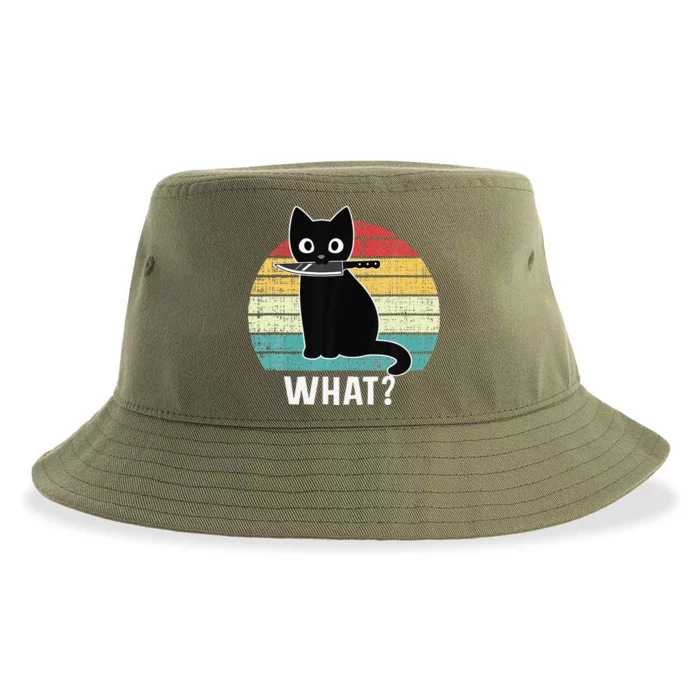 Retro What Cat Black Knife Meow Kitty Funny Cats Mom Dad Sustainable Bucket Hat