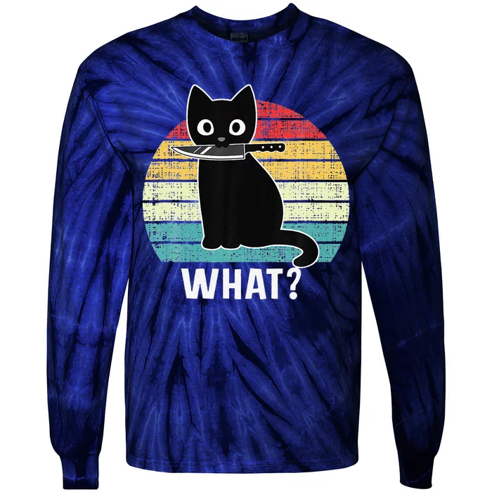 Retro What Cat Black Knife Meow Kitty Funny Cats Mom Dad Tie-Dye Long Sleeve Shirt