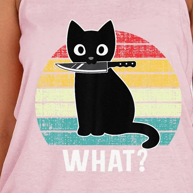 Retro What Cat Black Knife Meow Kitty Funny Cats Mom Dad Women's Knotted Racerback Tank