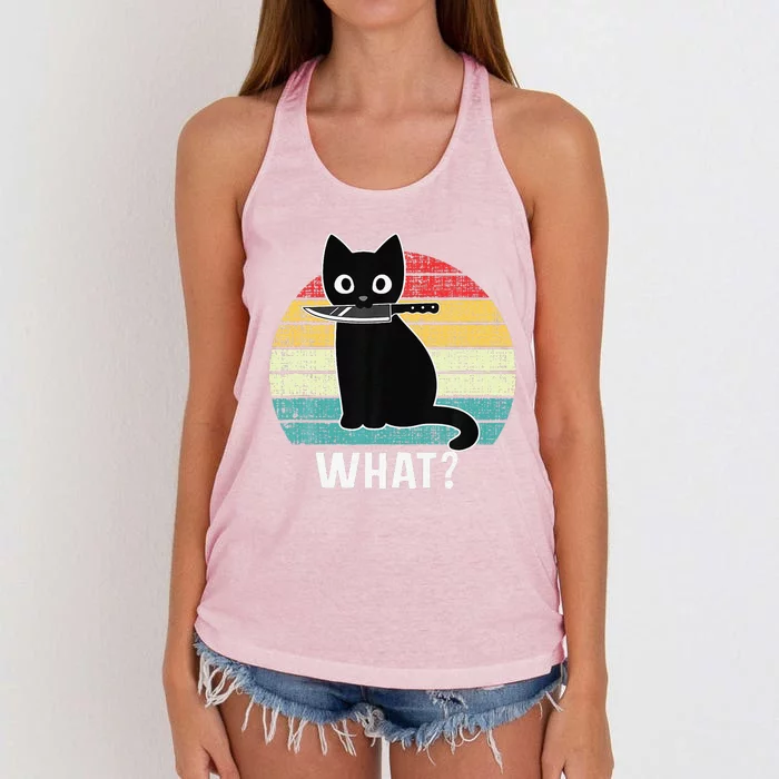 Retro What Cat Black Knife Meow Kitty Funny Cats Mom Dad Women's Knotted Racerback Tank