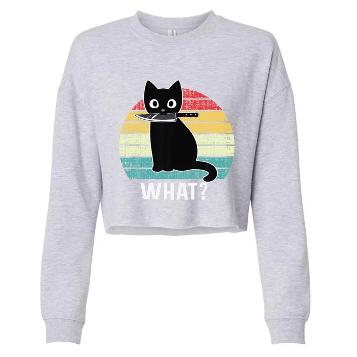 Retro What Cat Black Knife Meow Kitty Funny Cats Mom Dad Cropped Pullover Crew