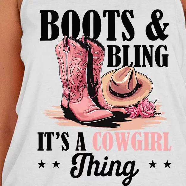 Rodeo Western Country Southern Cowgirl Hat Boots & Bling Women's Knotted Racerback Tank