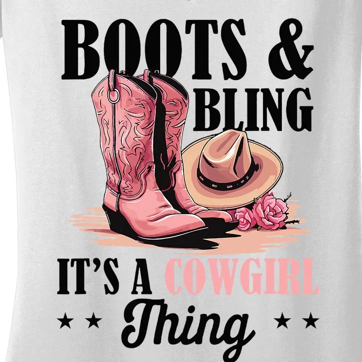 Rodeo Western Country Southern Cowgirl Hat Boots & Bling Women's V-Neck T-Shirt