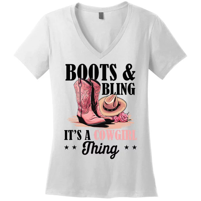 Rodeo Western Country Southern Cowgirl Hat Boots & Bling Women's V-Neck T-Shirt