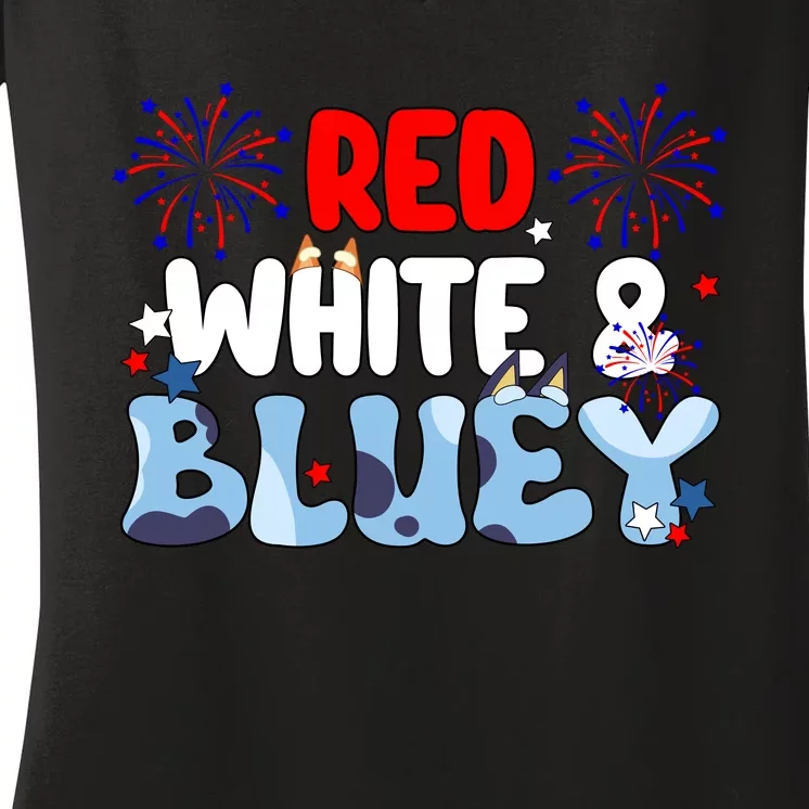 Red White & Dog 4th Of July America Patriotic Women's V-Neck T-Shirt