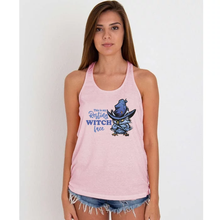 Resting Witch Face Funny Halloween Owl And Witch Hat Cute Gift Women's Knotted Racerback Tank