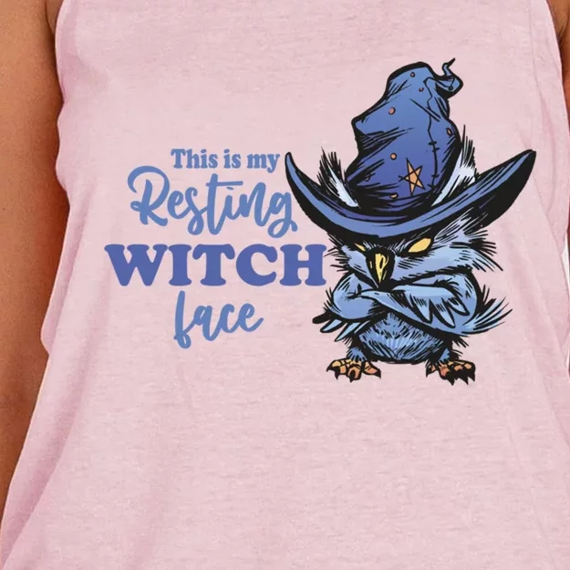 Resting Witch Face Funny Halloween Owl And Witch Hat Cute Gift Women's Knotted Racerback Tank