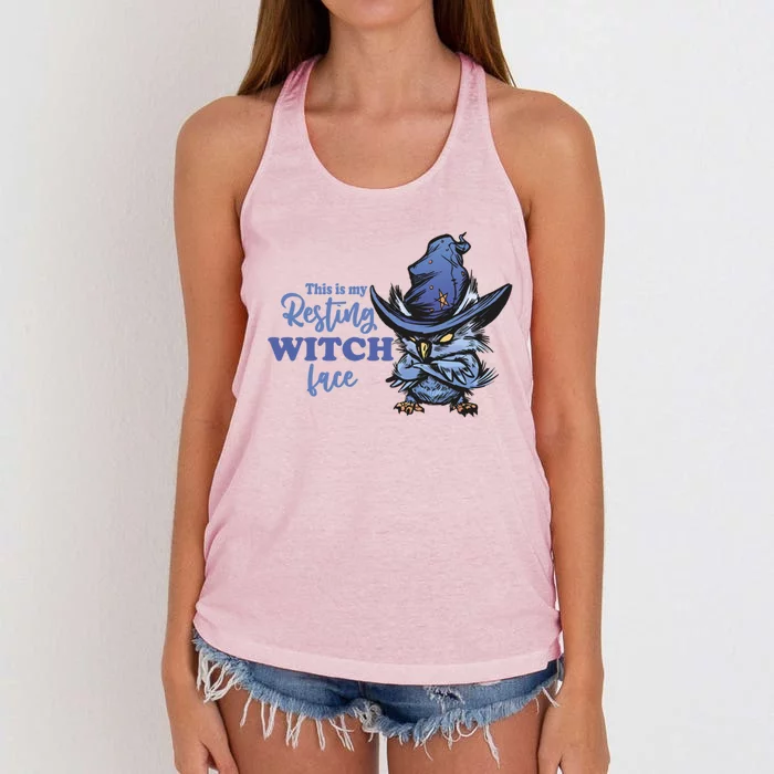 Resting Witch Face Funny Halloween Owl And Witch Hat Cute Gift Women's Knotted Racerback Tank