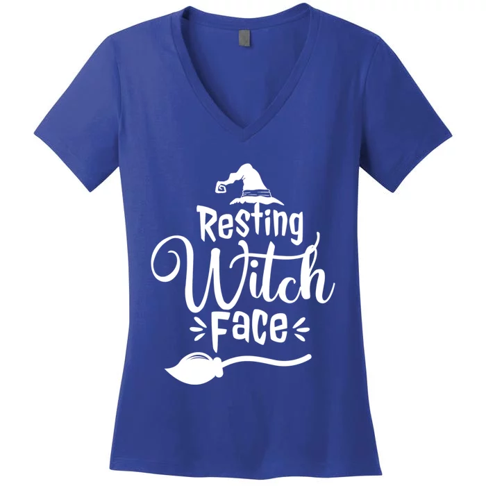 Resting Witch Face Hat Broom Cute Funny Halloween Gift Women's V-Neck T-Shirt