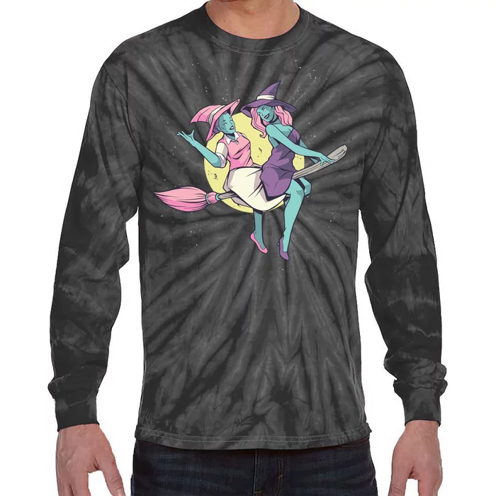 Retro Witches Flying Tie-Dye Long Sleeve Shirt