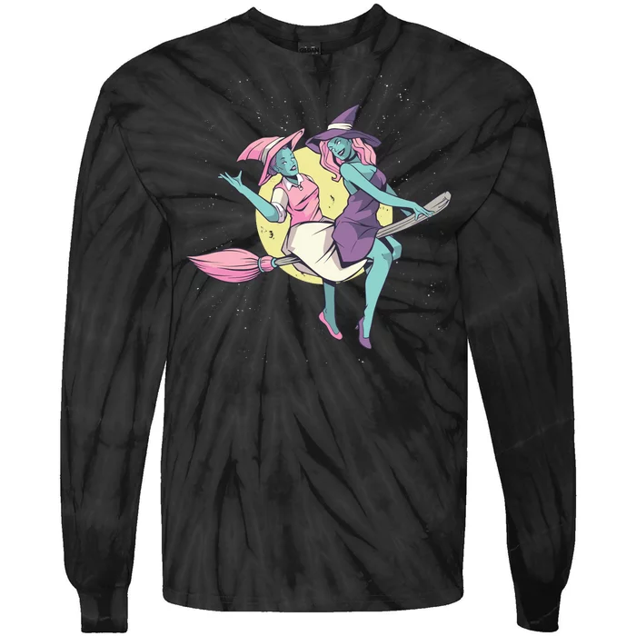 Retro Witches Flying Tie-Dye Long Sleeve Shirt