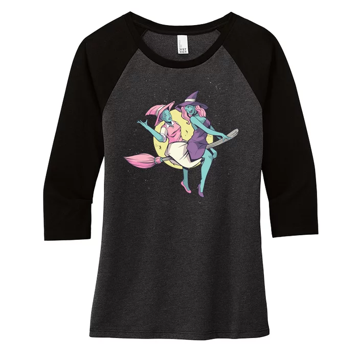 Retro Witches Flying Women's Tri-Blend 3/4-Sleeve Raglan Shirt