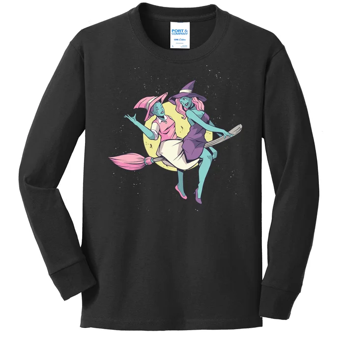 Retro Witches Flying Kids Long Sleeve Shirt