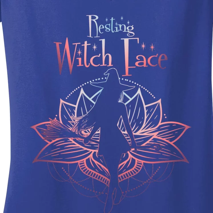 Resting Witch Face Halloween Lotus Flower For Yogi Witch Gift Women's V-Neck T-Shirt