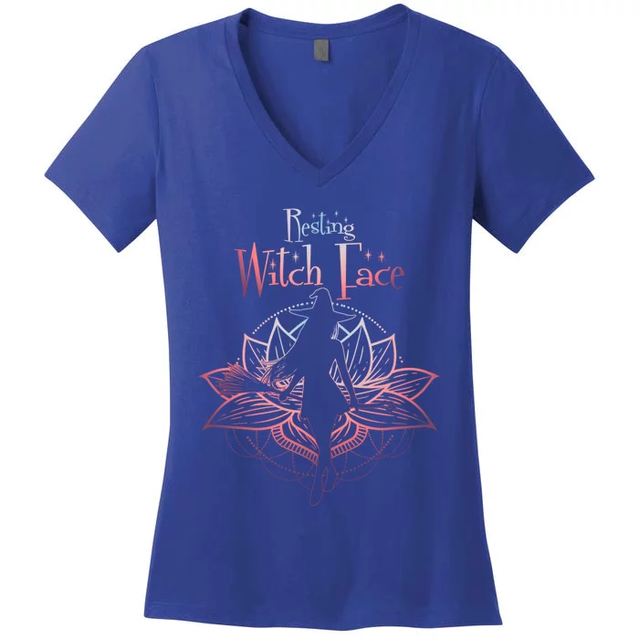 Resting Witch Face Halloween Lotus Flower For Yogi Witch Gift Women's V-Neck T-Shirt